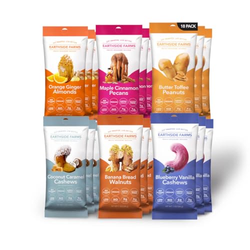 Image of (1oz 18pack 3 of each flavor) Banana Bread Walnuts, Butter Toffee Peanuts, Blueberry Vanilla Cashews, Coconut Caramel Cashews, Maple Cinnamon Pecans, Orange Ginger Almonds