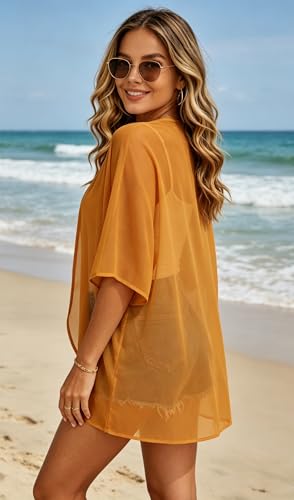 Image of FINOCEANS Womens Floral Chiffon Kimono Cardigans Loose Beach Cover Up Half Sleeve Tops
