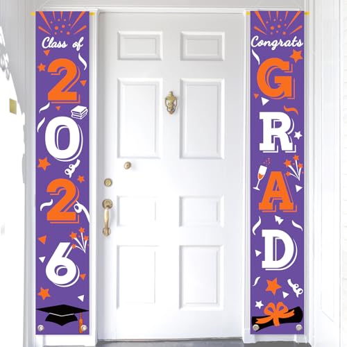 Image of Graduation Porch Banner Class Sign Congrats Grad Hanging Flags High School College University Party Decoration For Front Door Outdoor Purple Orange