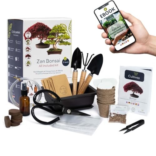 CULTIVEA® Kit de Bonsái Premium- Jardinería y Decoración- Huerto interior -Plantas naturales- Hilo, Fertilizante, Herramientas, Tijeras Redondas, Tijeras Pequeñas para Bonsái - Idea Original de Regalo