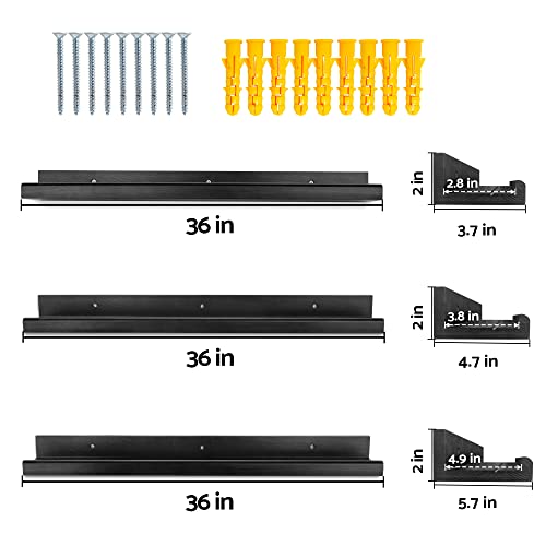 Annecy Floating Shelves Wall Mounted Set Of 3, 36 Inch Black Rustic Wood Shelves For Wall, Wall Storage Shelves With Guardrail Design For Bedroom, Bathroom, Kitchen, Office, 3 Different Sizes #TOP1