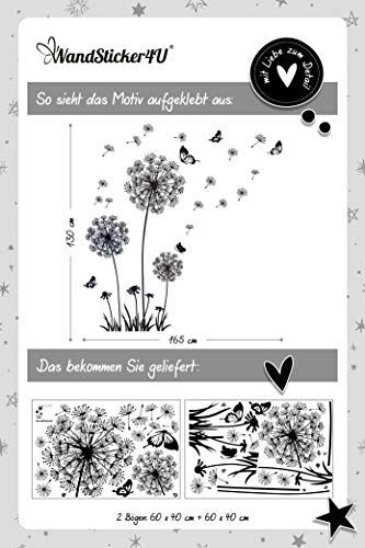 WandSticker4U®- XXL Wandtattoo PUSTEBLUMEN Schwarz (165x130 cm) I Wandsticker Wohnzimmer modern Pflanzen Blumen Löwenzahn Schmetterlinge I Wand Deko Schlafzimmer Küche Flur Bad GROß