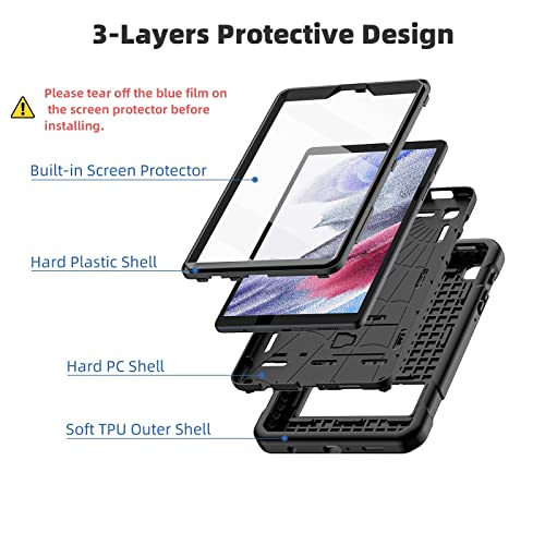 TSQQST Samsung Galaxy Tab A7 Lite Case 8.7 Inch 2021 for Kids with Screen Protector | Full Body Protective Rugged Slim Case with Stand+Shoulder Strap for Galaxy Tab A7 Lite SM-T220/T225/T227, Black