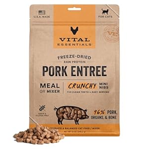 Vital Essentials Freeze Dried Cat Food, Raw Pork Crunchy Mini Nibs | Complete Meal or Topper | 96% Pork, Organs & Bone | Limited Ingredient, High Protein, Grain Free Dry Cat Food | 12 oz Bag