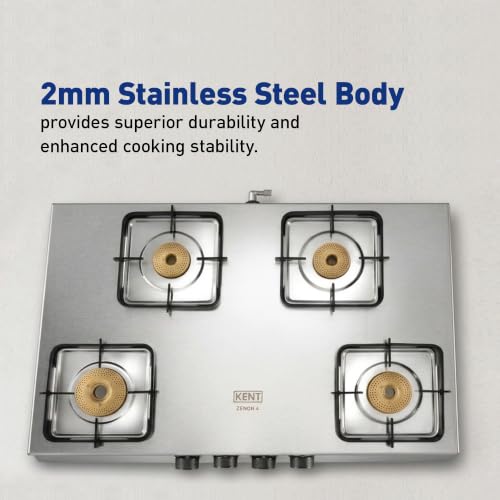 Image of KENT Zenon Gas Stove 4 Burner | Toughened SS Top 2mm | SABAF Italian Gas Valve | Forged Brass Burner | Metallic Knob | Heat Resistance Coating | Cleaning Stand | LPG /PNG Compatible | 5Yr Warranty