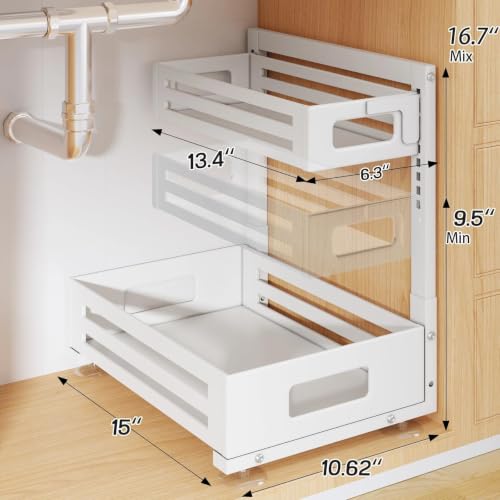 Image of 2 Pack Under Sink Organizer,Pull Out Cabinet Organizer With Smooth Cylindrical Rail,Metal Slide Out Drawer for Kitchen Bathroom Laundry Cabinet,8-Level Tool Free Height Adjustable-White