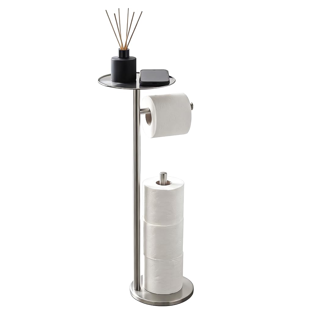 Crystals Toilet Roll Holder Free Standing - 2 in 1 Stainless Steel Toilet Paper Holder, Up to 5 Toilet Roll Storage - No Drill Toilet Roll Stand (SILVER WITH SHELF) — image 1