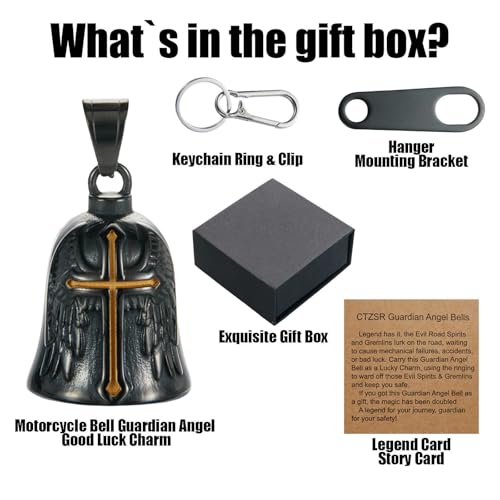 Image of Motorcycle Bell Guardian Angel Charm - Weather-resistant Good Luck Gremlin Bells With Gift Box, Legend Card, Keychain