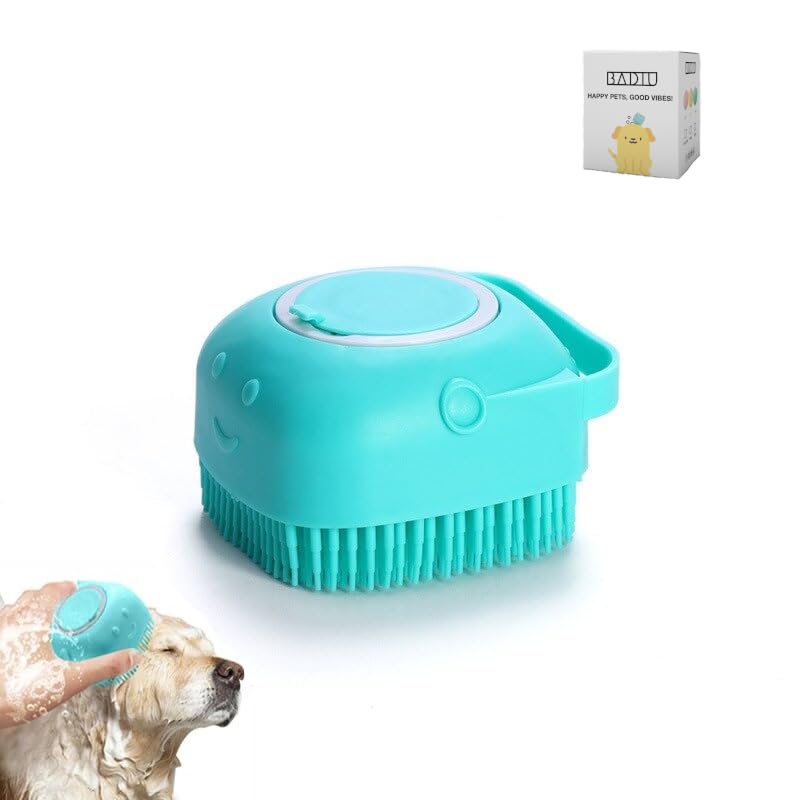 BADIU Esponja con dispensador de jabón para lavado de perros y gatos - Cepillo para baño de mascotas – Cepillo masajeador con cerdas de silicona – Limpiador peine portátil de goma para mascota (Azul)