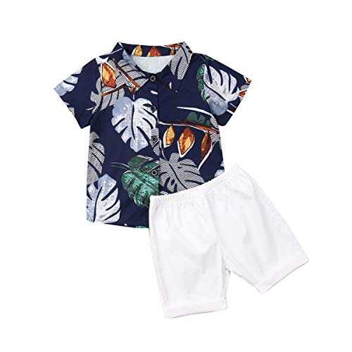 Toddler Baby Boy Short Sleeve Shirt Tops Short Pants Outfit Summer Beach 2pcs Clothes Set (Banana Leaf Print - Dark Blue, 4-5 Years)