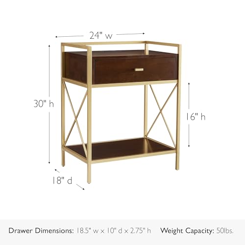 Image of Claudette Nightstand with USB-C Fast Charging Station, Solid Wood and Metal, Walnut Brown and Gold Side Table, Perfect for Bedrooms, Living Rooms, and Offices - Leick Home, 9069-WA