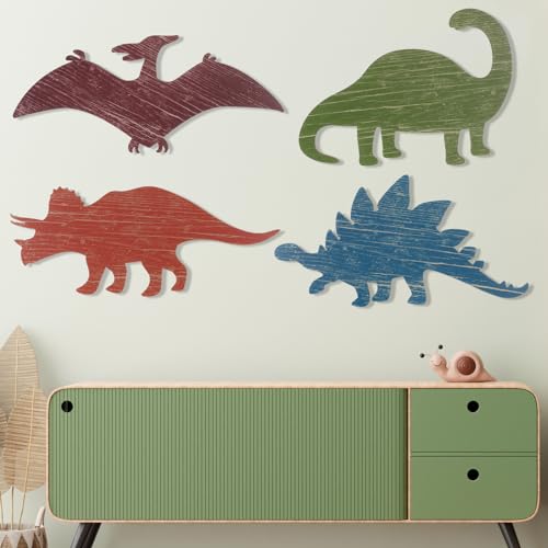 Image of Dinosaur Wall Decors Wooden Boys Dinosaur Nursery Playroom Baby Shower Wall Art Farmhouse Bathroom Room Decoration for Kids(Vivid,14.17 x 8.27 Inches)