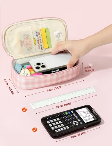 Image of SUNEE Cute Pencil Case, Large Colored Pencil Pouch, Aesthetic Pen Bag with Zipper, Kawaii Stationery Storage and Organizer, School Supplies for Teen and Adult, Boys & Girls, Pink Checkered