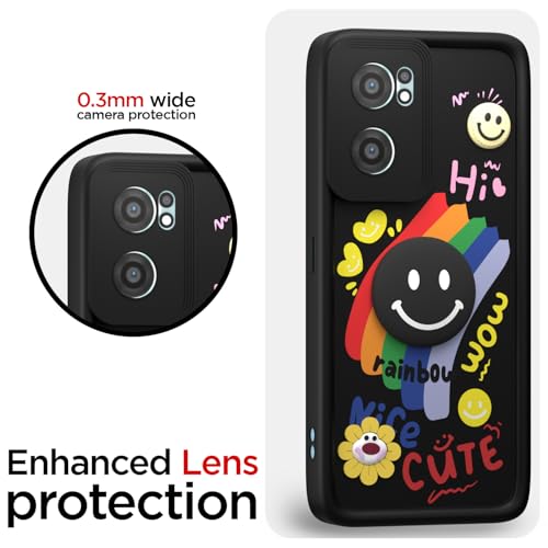 Image of Pikkme Back Cover for OnePlus Nord Ce 2 5G | Soft Silicone| Cute Rainbow Smile & 3D Cartoon Flower Design | Shockproof Raised Camera Protection Bumper Case (Black)