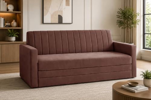 Image of 3-Seater Velvet Sofa Cum Bed with Armrests | Modern Convertible Sleeper Couch | Stylish Sofa Bed for Living Room, Bedroom & Office | Brown