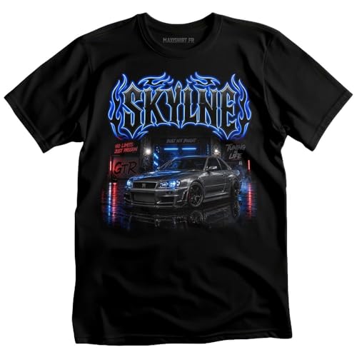 T-Shirt Noir Skyline GTR, Thème Tuning Japonais, Graphique Neon, Built Not Bought (FR/ES, Alpha/Lettres, XXL, Taille Normale, Taille Normale)