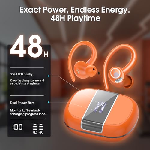 Image of Wireless Earbuds Bluetooth 5.3 Headphones Sports, 48H Earphone with ENC Mic, Stereo Deep Bass Bluetooth Earbud with Secure Earhooks, LED Display, IP7 Waterproof Over Ear Bud for Running Pumpkin Orange