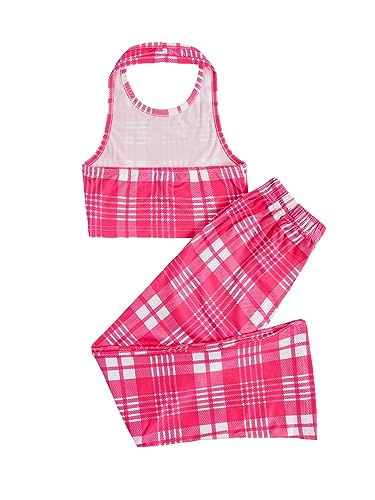 Image of WDIRARA Toddler Girl's 2 Piece Outfits Plaid Halter Neck Tank Top and Flare Leg Pants Set