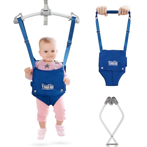 FUNLIO Saltador 2 en 1 con Abrazadera y Arnés para Bebés (6 24 Meses). Resortes Fuertes y Correa Ajustable, Fácil de Montar y Guardar   Azul