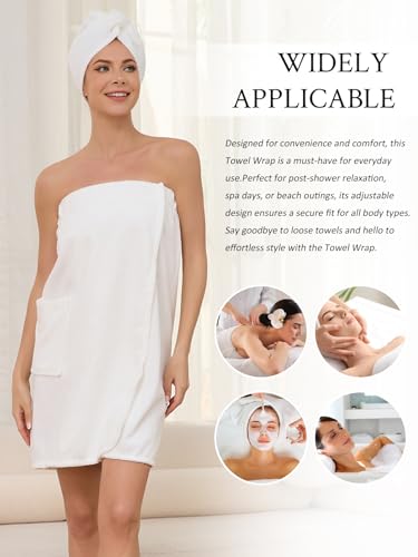 Image of Air Curvey Soft Wrap Towel for Women Lightweight Spa Body Wrap Shower Wrap Robe Adjustable Closure Bathrobe with Pocket White L