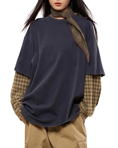LAVASEON 原宿 オーバーサイズ ストライプ Tシャツ 長袖 クルーネック カジュアル お揃い カップル ストリートウェア プルオーバー, 格子縞 ネイビー, Mediumの商品画像（Amazon）