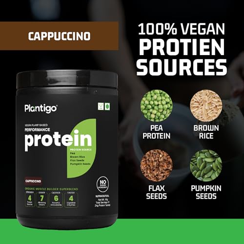 Image of Plantigo Plant Protein Powder 1kg - Cappuccino Coffee Flavoured | Pea Protein, Brown Rice, Flax Seed, Pumpkin - Clean & Green Based Protein Powder | 24g Protein, 4.4g BCAA, Fiber for Men & Women