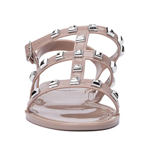 Olivia Miller Kid's Girl Fashion Shoes, Blush Pink Pvc Jelly W Gladiator Studded Adjustable Strap Slip On Open Toe Comfortable Trendy Casual Summer Geli Flat Slide Sandals #TOP3