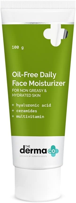 The Derma Co Oil-Free Daily Face Moisturizer | With Hyaluronic Acid, Ceramides & Multivitamins | For Non-Greasy & Hydrated Skin | Prolonged Moisturization | Strengthens Skin Barrier | 100 g