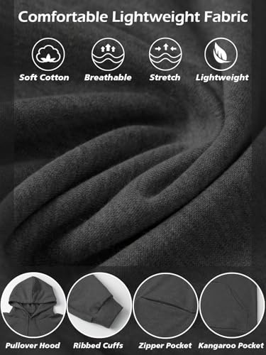 CARWORNIC Men's Hoodies Pullover Lightweight Breathable Active Hooded Sweatshirts Soft Long sleeve Casual Pullover Hoodies with Zipper Pocket for Outdoor Hiking Travel Work Dark-grey