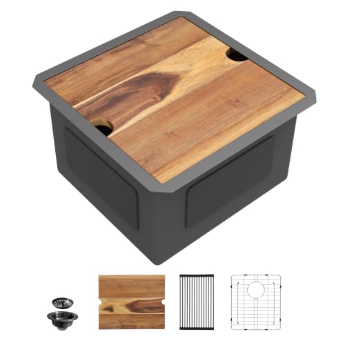 Image of 17 inchx17 inch Black Bar Prep Sink Undermount Workstation | Gunmetal Black NANO-PVD 16 Gauge T304 Stainless Steel Single Bowl Under Counter Basin for RV Kitchen Wet Bar Prep Station