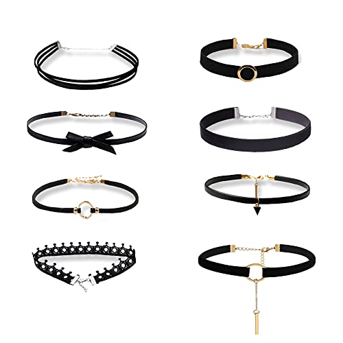 Gothique Choker, 8 Pièces Femme Fantaisie Choker, Collier Ras De Cou Noir, Collier De Tatouage, Choker Réglable, Chocker, la Longueur Réglable pour Femme Fille Cover