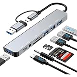 USB Hub 3.0 USB C Hub 8 in 1 with SD/TF Card Reader, 3.5mm Audio Jack, USB-A & USB-C Dual Input, Multiport Splitter Adapter for MacBook Pro/Air, PC, Laptop, Tablet and Other Devices