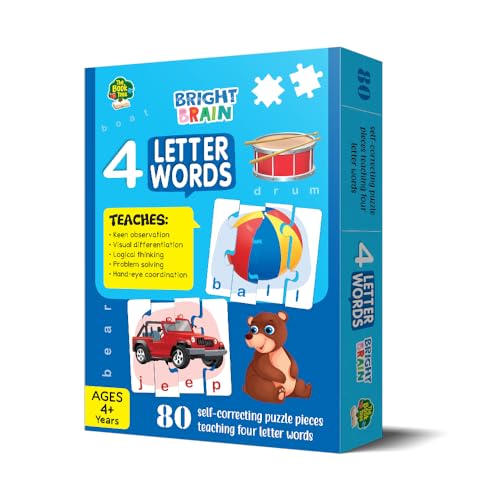 Image of THE BOOK TREE Bright Brain 4 Letter Words Puzzle - Learn to Spell 20 Four Letter Words 80 Pieces- Beautiful Colorful Pictures (Age 4+), Gift Box By Majestic Book Club, for Kid