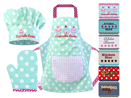 Emily 1428.2002 Lot de 3 Casquettes de Cuisine avec Tablier et Gant de Cuisine pour Enfant Motif Carreaux, Coton, Cup Cake Queen, Small [3-6 Jahre]