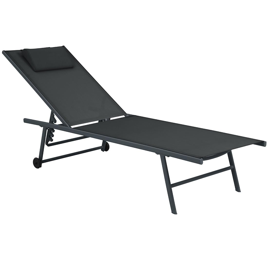 Acomoda Textil – Tumbona de Jardín Plegable y Reclinable en 5 Posiciones con Ruedas. Hamaca con Cojín Cómoda y Resistente para Terraza, Camping y Patio 185x55x32/97 cm. (Negro, 1 Ud)