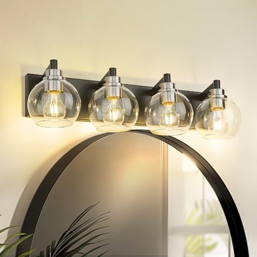 Image of Bathroom Light Fixtures, 4-Light Black and Brushed Nickel Bathroom Vanity Light, 26 Inch Modern Wall Sconces with Globe Clear Glass Shade, Vanity Lighting Fixtures Over Mirror, VL195-KN-4