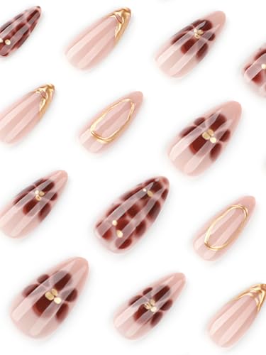 Image of Secret Lives Elegant Nude Pink Press-On Nails with Gold French Tip & 3D Floral Design - Almond Shape Reusable False Nails Glossy Finish 24-Pieces Nail Kit