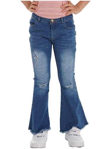 iiniim Kids Girls High Waist Distressed Flared Jeans Bell Bottom Denim Trousers Ripped Raw Hem Stretchy Jeans Trousers Blue 15-16 Years