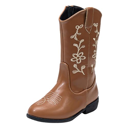 rismart Botas Cowboy menina meia cana calças de ganga bordada de inverno, Castanho