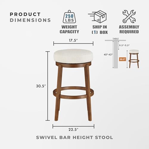 Butaco giratorio de altura de barra Lexicon estilo mid-century, asiento tapizado en bouclé blanco y estructura de madera maciza, sin respaldo, giro de 360 grados para isla de cocina y barra doméstica, color marrón miniatura 2
