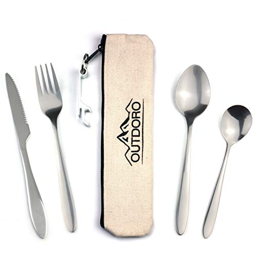 Outdoro Campingbesteck und Reisebesteck aus Edelstahl mit Baumwoll-Bestecktasche - Ideales Besteckset für Outdoor und Reisen