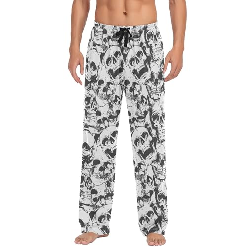 Pantalones de dormir para hombre con calavera Horable en blanco y negro, pantalones de pijama, ropa de dormir, pantalones de pijama para estar en casa