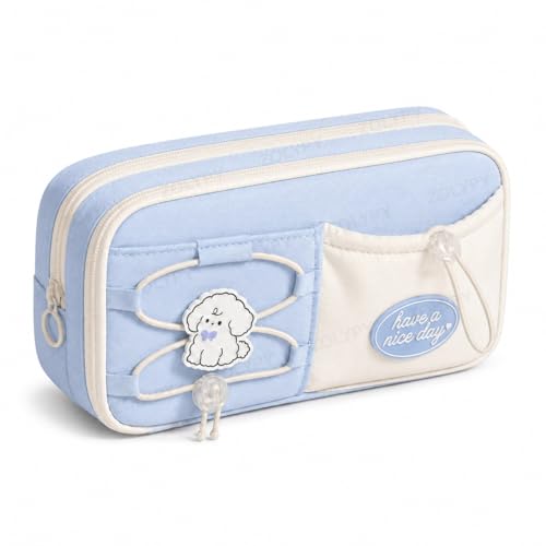Image of Kawaii Cute Aesthetic Pencil Case for Girls & Boys | 3 Layer 6 Compartment Large Capacity Pencil Pouch with Zipper | Cartoon Stationery Organizer Bag for Students & Kids (Nice Blue)