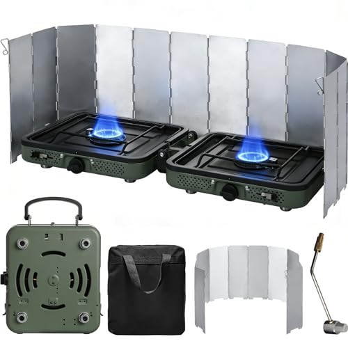 2 Burner Camping Stove with Windscreen, Portable Folding Gas Stove with 17200 BTU Adjustable Burners,12 Plates Foldable  - Detailed View