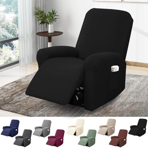 BOYIFEIJIE 1-Sitzer Sessel Überzug, Sesselbezuge Stretch mit Taschen, All-Inclusive Streifen-Jacquard Sesselschoner für Fernsehsessel Relaxsessel Sesselhusse (Schwarz, 4-Teilig)