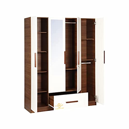 Image of CASPIAN Engineered Wood 4 Door Wardrobe (White & Brown) | Furniture with Dressing Mirror & Hanging Spaces | Cupboard /Almirah for Bedroom Clothes Storage Organizer | with Drawer & 8 Shelves