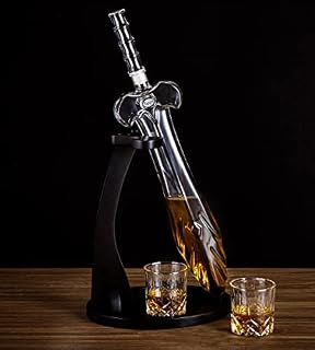 LUJII Heroic Sword Whiskey Decanter Set for Real Men, Hand Blown Liquor Dispenser with 2 Glasses & Wooden Tray, Alcohol Holder for Bourbon, Scotch or Brandy, Gift for Dad, Husband or Boyfriend, 850ml