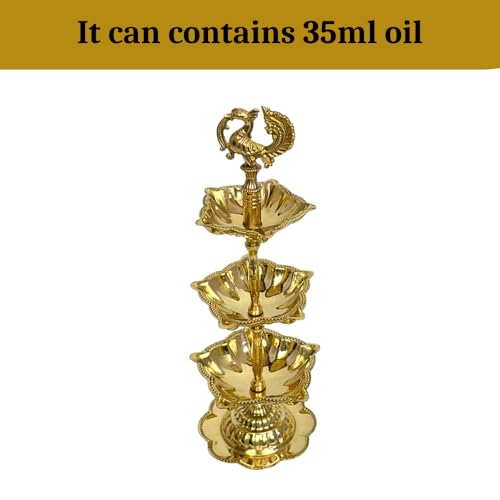 Image of Handcrafted Double Brass Diya with Peacock Design | Traditional Brass Oil Lamp for Puja, Temple & Home Decoration | Antique Finish Deepak for Festivals (Triple Diya)