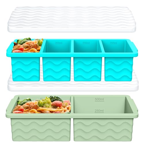 Image of Silicone Freezer Molds for Soup with Lid, 1-Cup & 2-Cup Large Ice Cube Trays Food Storage Containers for Meal Prep, Freeze 500mL /250mL /125mL Portions - 2 Pack