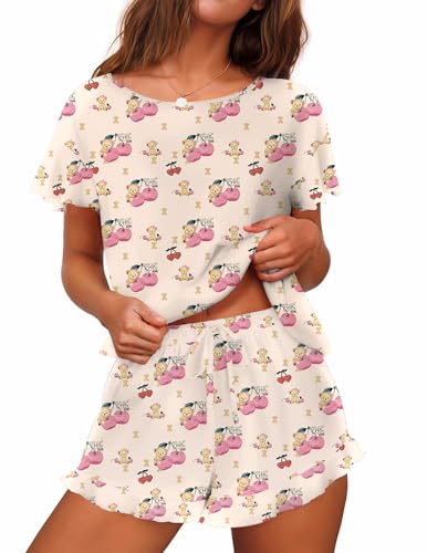 Image of Ekouaer Women's Pajama Set Ruffle Sleeves Top and Short | 2 Piece Ruffle Hem Sleeves Top and Shorts Pjs Set, Soft Short Sleepwear Set, Elastic Waistband Design